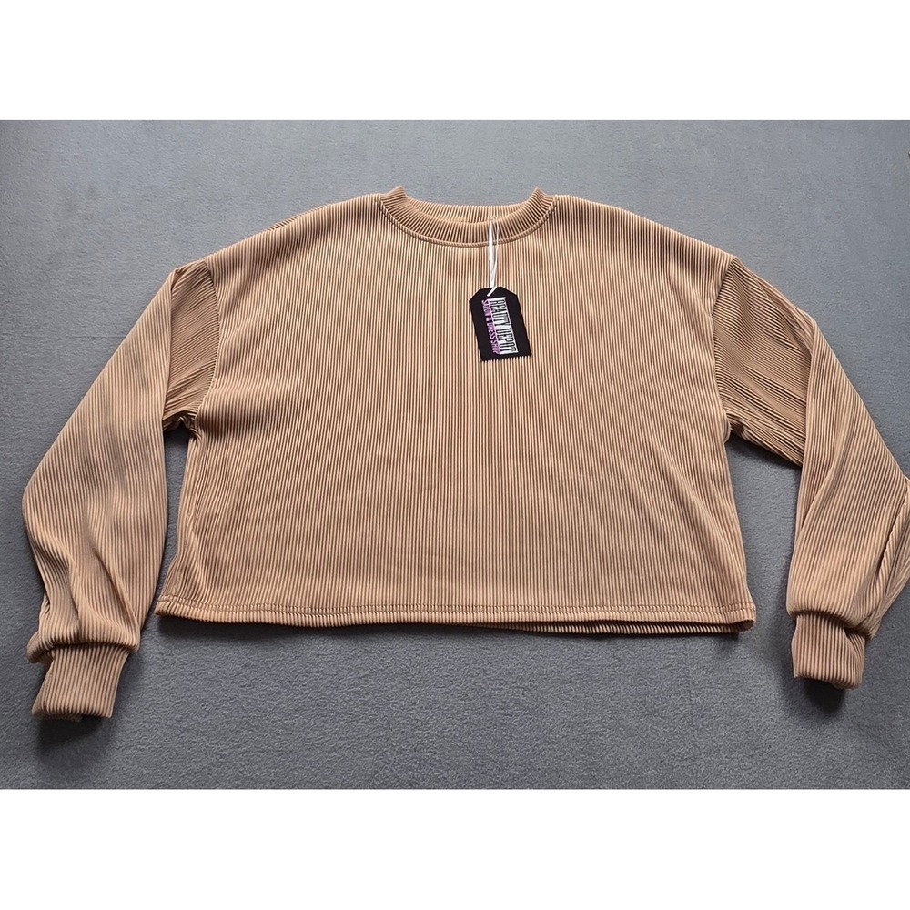 Beauty Depot Khaki Pleated Cropped Womens SMALL Ribbed Long Sleeve New